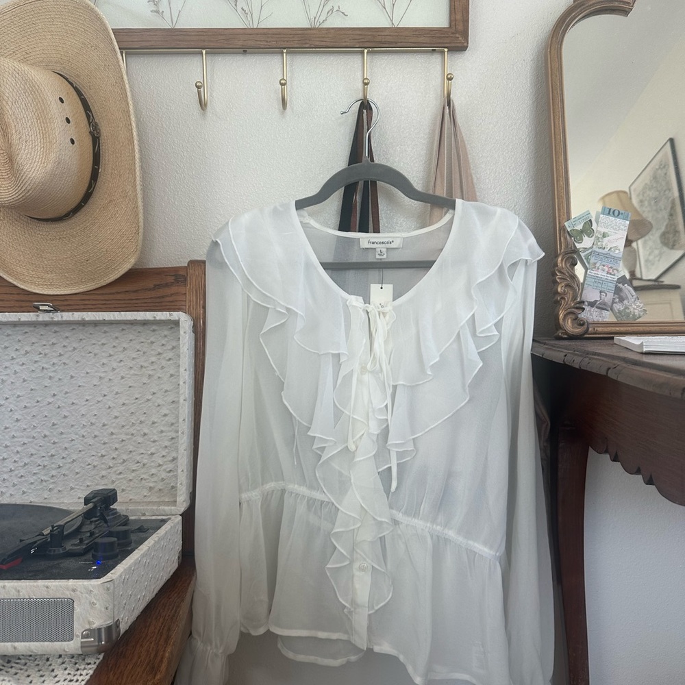 Francesca's Collections Sheer White Ruffle Blouse